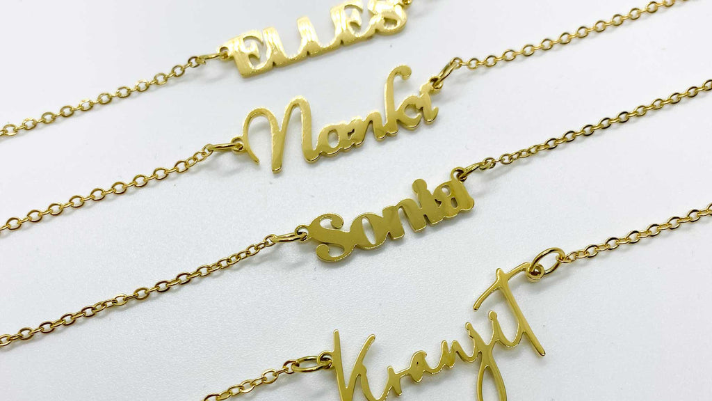 18ct gold plated name necklace in different hand written fonts