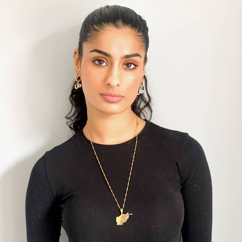 afghan afghanistan map pendant worn by model