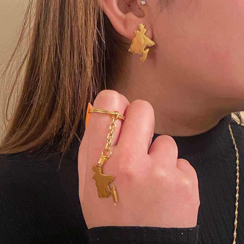 18ct gold plated bangladesh map necklace keychain and earrings