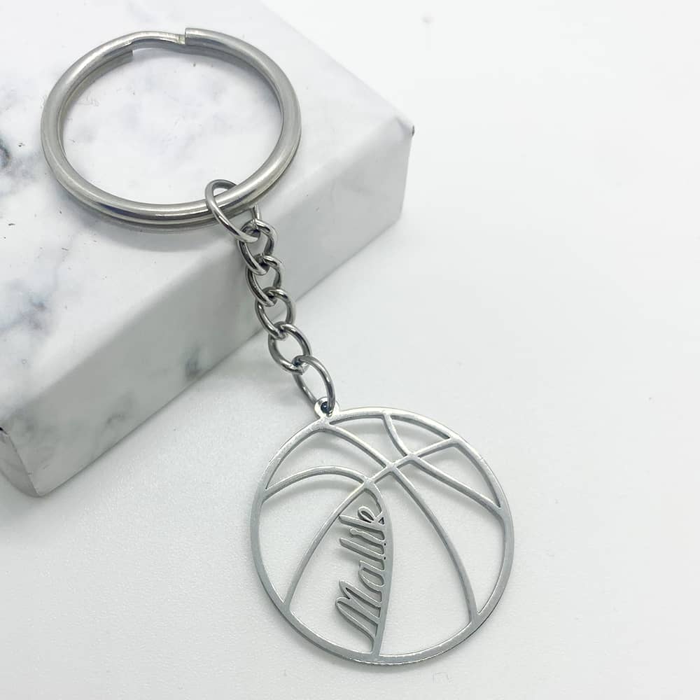 custom basketball keychain in silver for men with custom name in any language