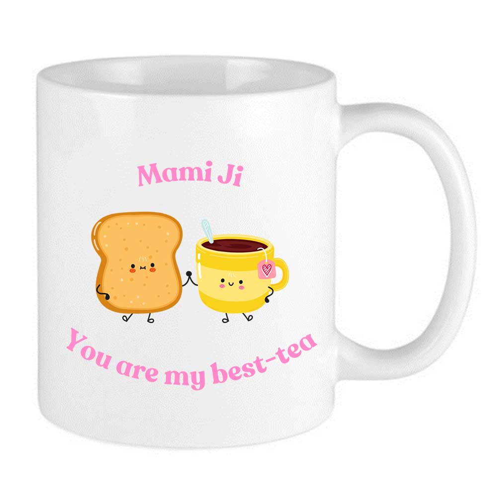 cute toast and tea white mug for mami ji punjabi aunt