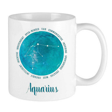 blue aquarius celestial design on white mug