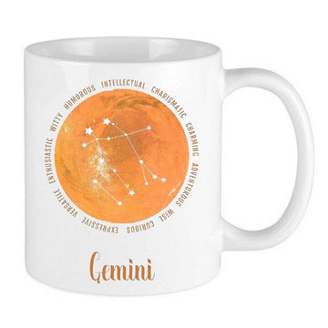 orange gemini zodiac mug in a celestial astrology design