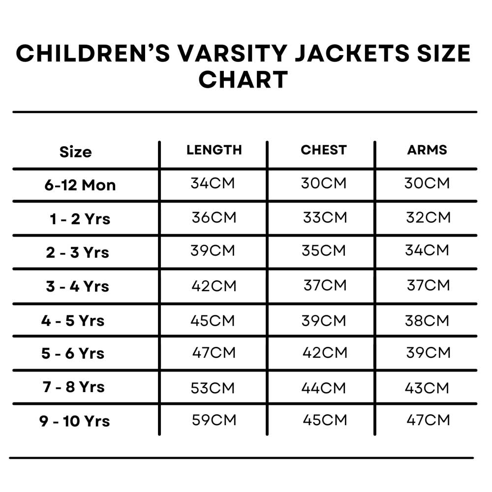 personalised varsity jackets for kids size chart