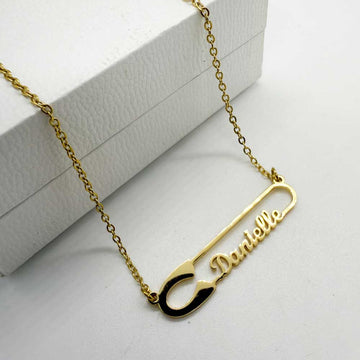 18ct gold plated safety pin design necklace with name danielle