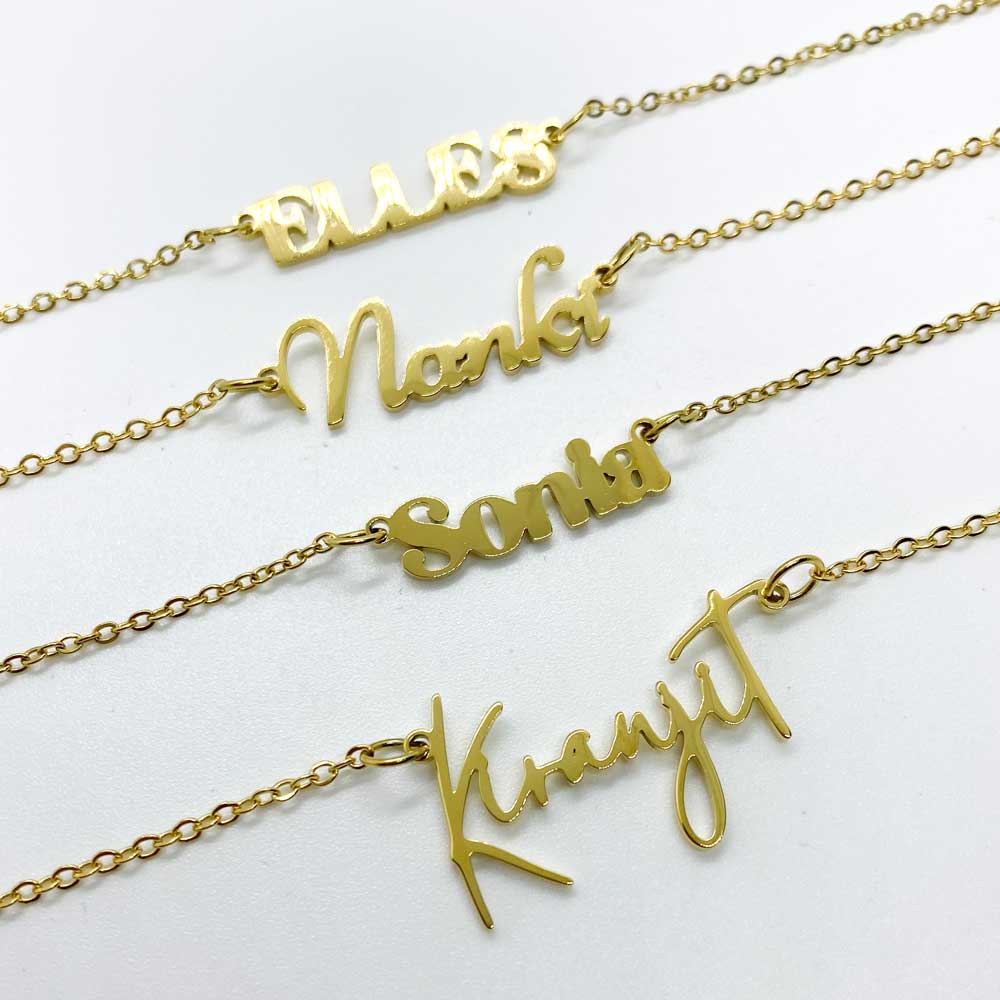 18ct gold plated name necklaces in different handwritten english fonts