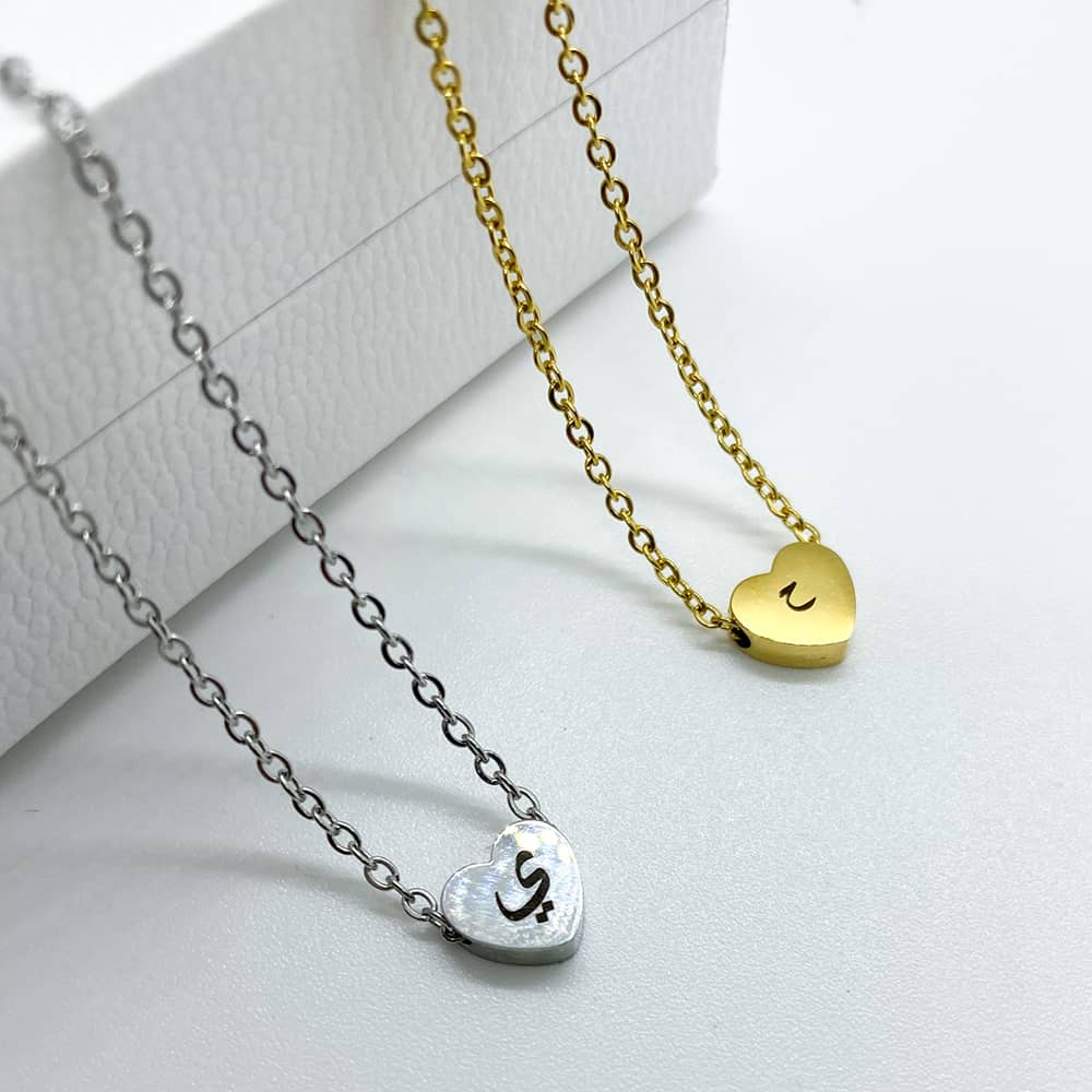 dainty heart necklace engraved with arabic letter in gold and silver for women