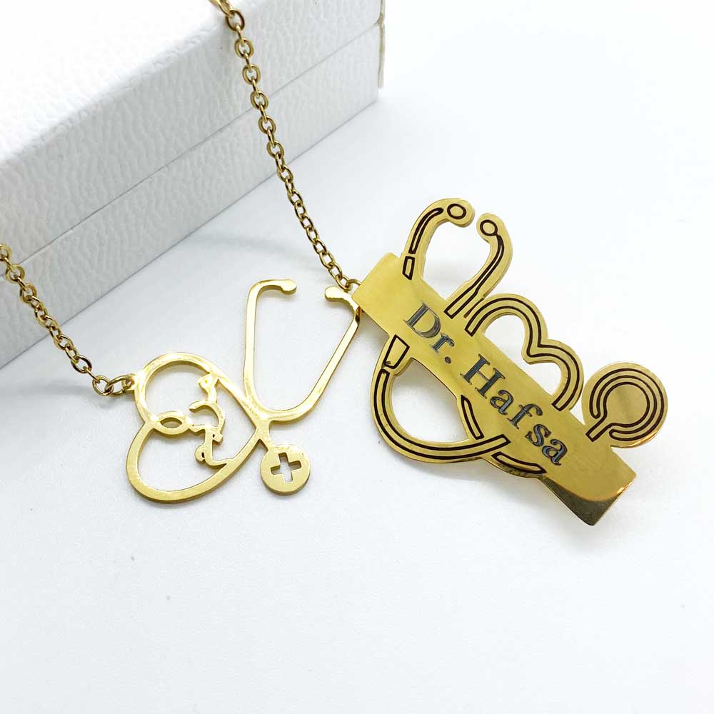 graduation gift set including gold plated stethoscope name necklace with name in arabic and engraved brooch for new career