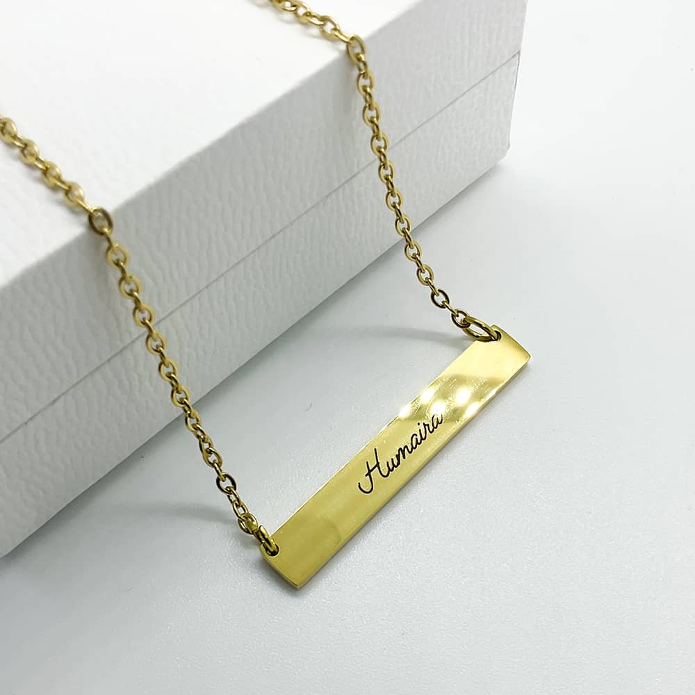 18k gold plated bar necklace with handwritten name engraving