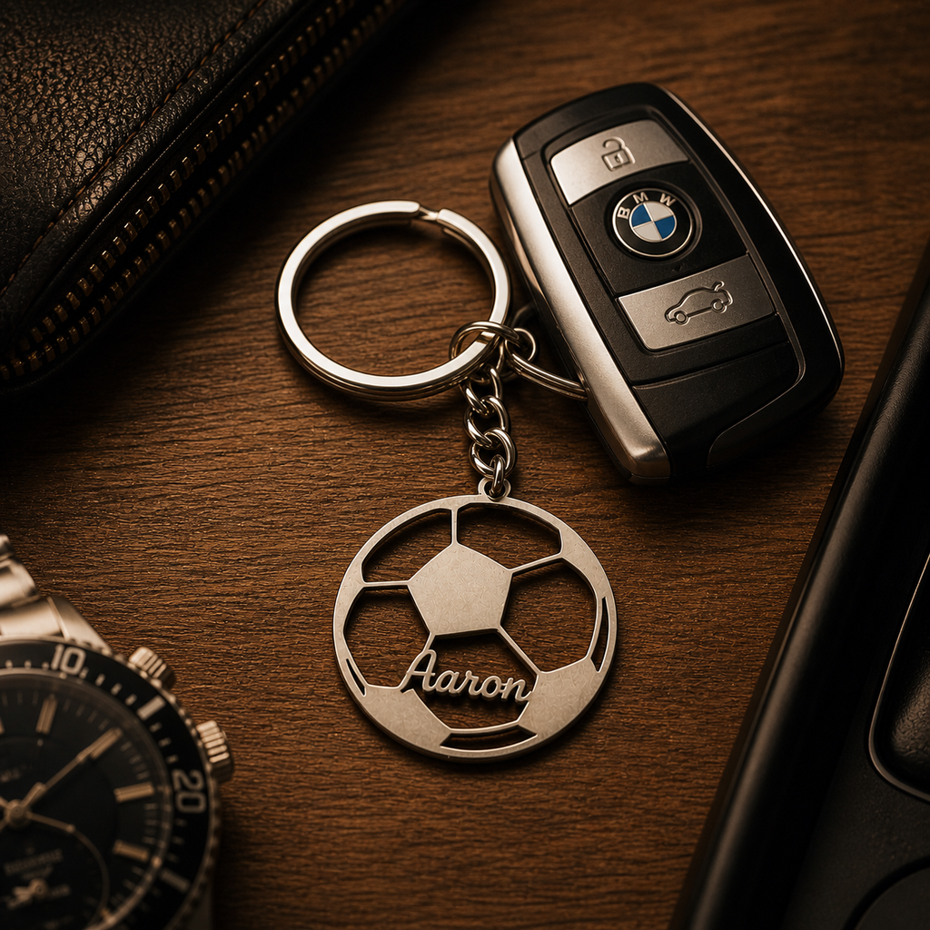 Personalised Football Keychain for Men | Any Language | Silver & Black ...