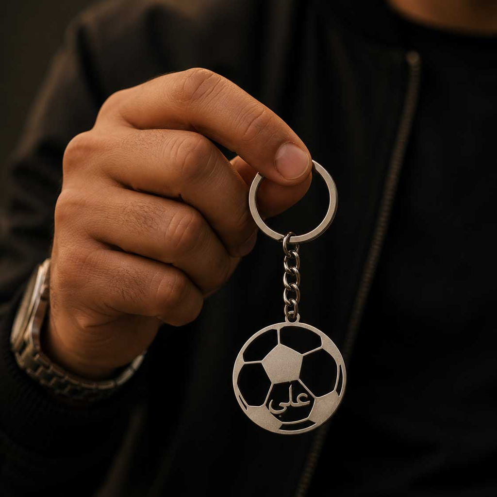 Personalised Football Keychain for Men | Any Language | Silver & Black ...