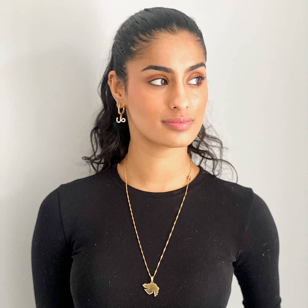 model wearing 18ct gold plated gujarat india map necklace