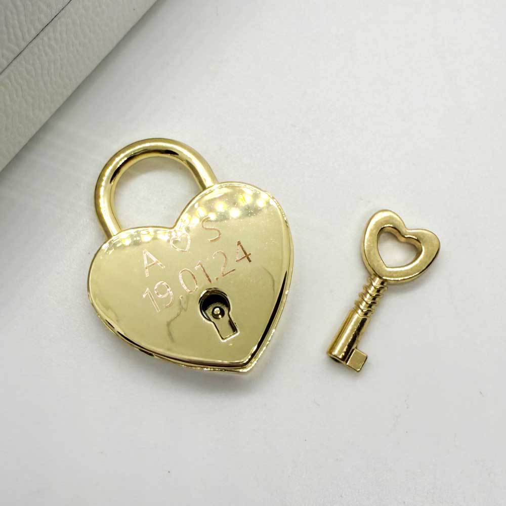 18ct gold plated heart padlock for travelling for couples with key engraved with anniversary date