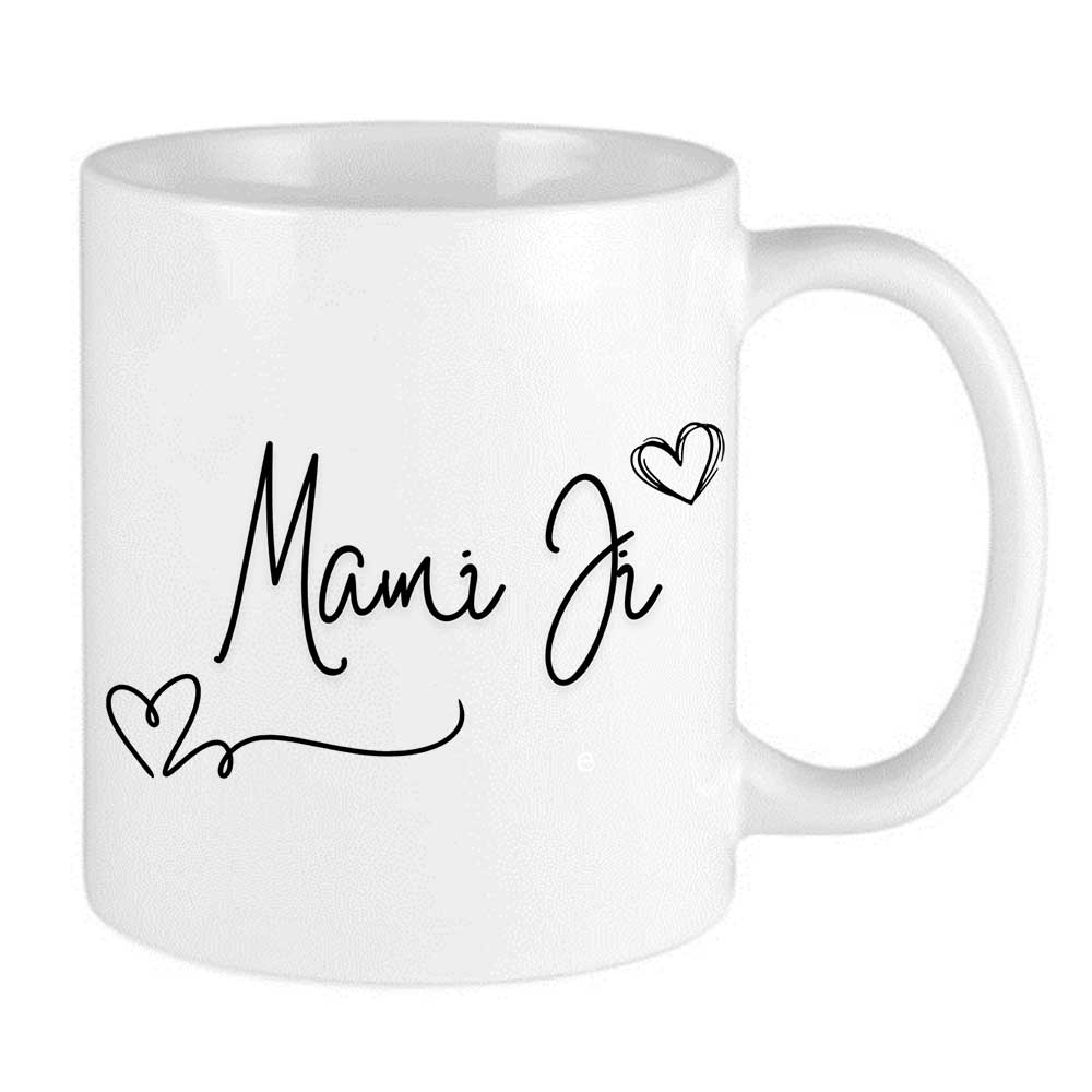 white mug with black mami ji design for indian family mug