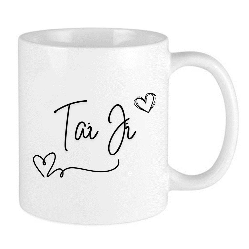 white mug with black handwritten tai ji design for indian family mug