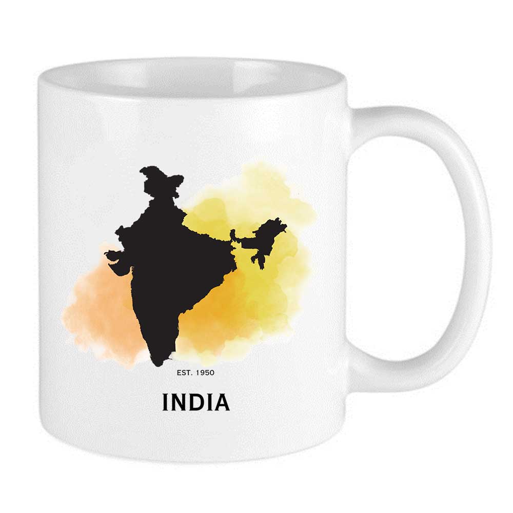 map of india established in 1950 india mug with orange yellow watercolour