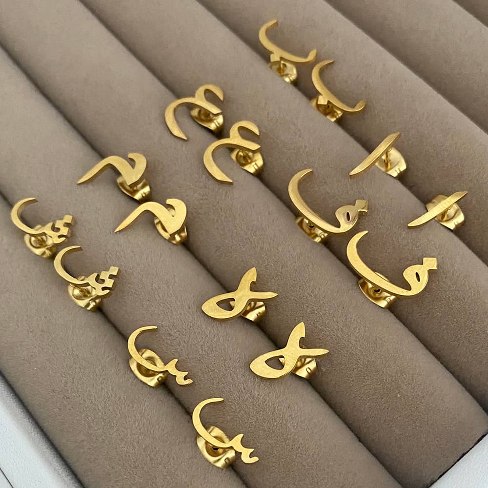 collection of arabic initial letter stud earrings for women in 18ct gold plated