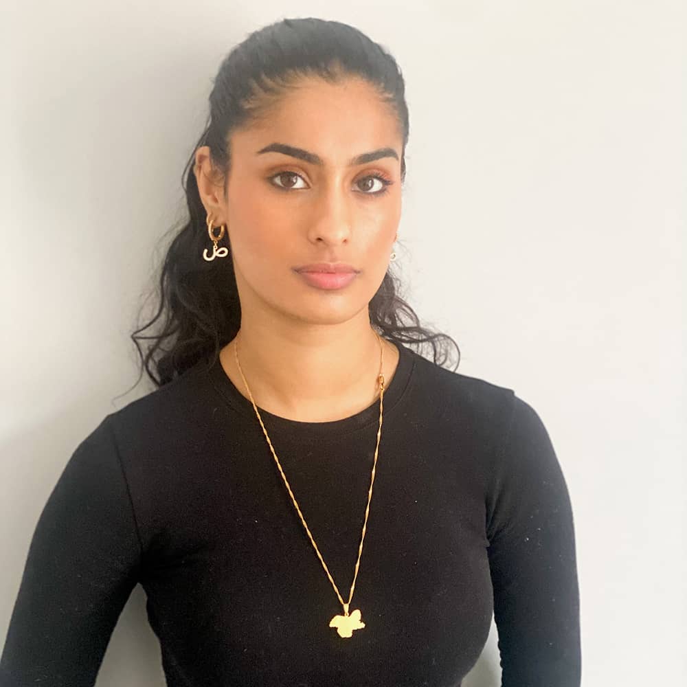 model wearing 18ct gold plated kashmir map necklace