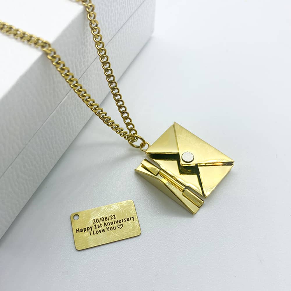 envelope letter necklace with hidden anniversary message inside in 18ct gold plated