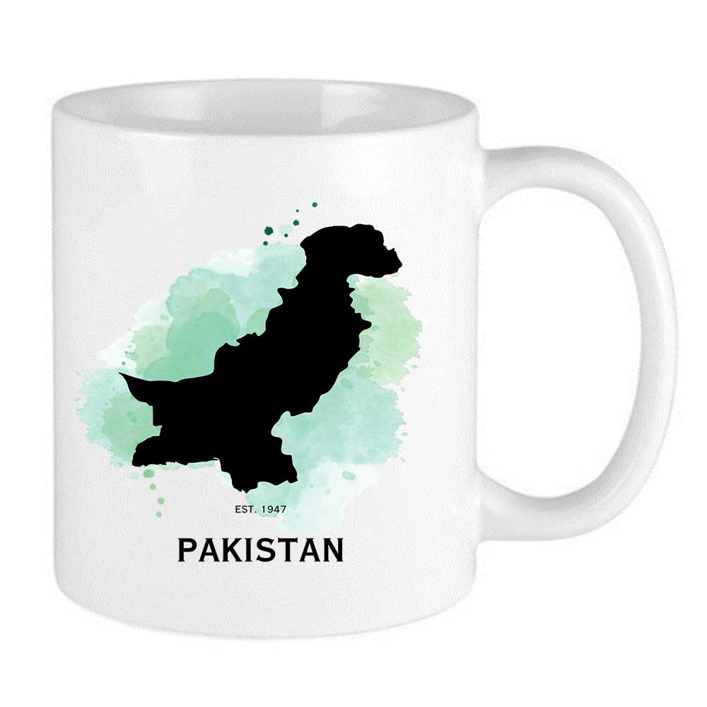 map of pakistan mug with green watercolour and established in 1947 for pakistanis