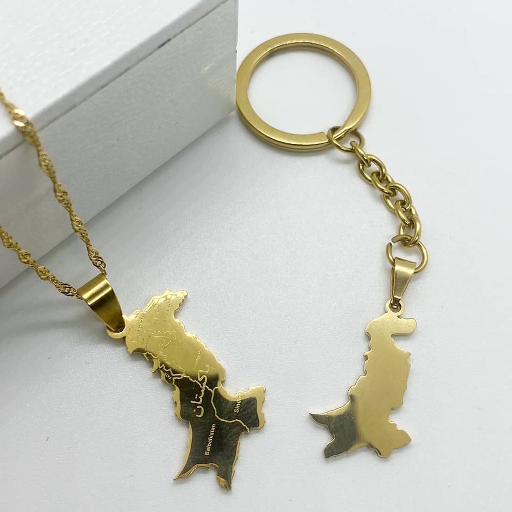 Pakastani Key Rings Pakistan Map Gold Engraved Pendant Necklace & Keychain | ArtByZakia