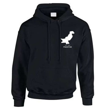 black pakistan hoodie with pakistan map and established in 1947