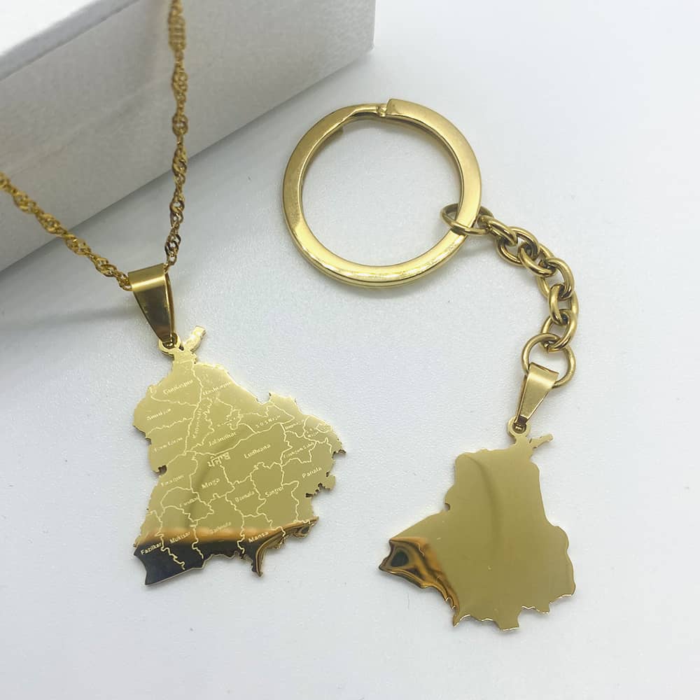 Punjab india map necklace in 18k gold plated with engraved cities