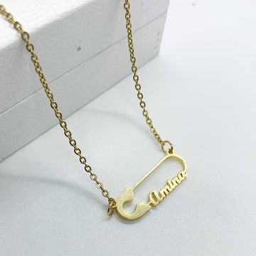 18ct gold plated safety pin name necklace