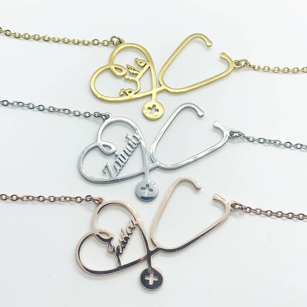 personalised necklace with stethoscope design in gold, silver and rose gold with name in arabic and english