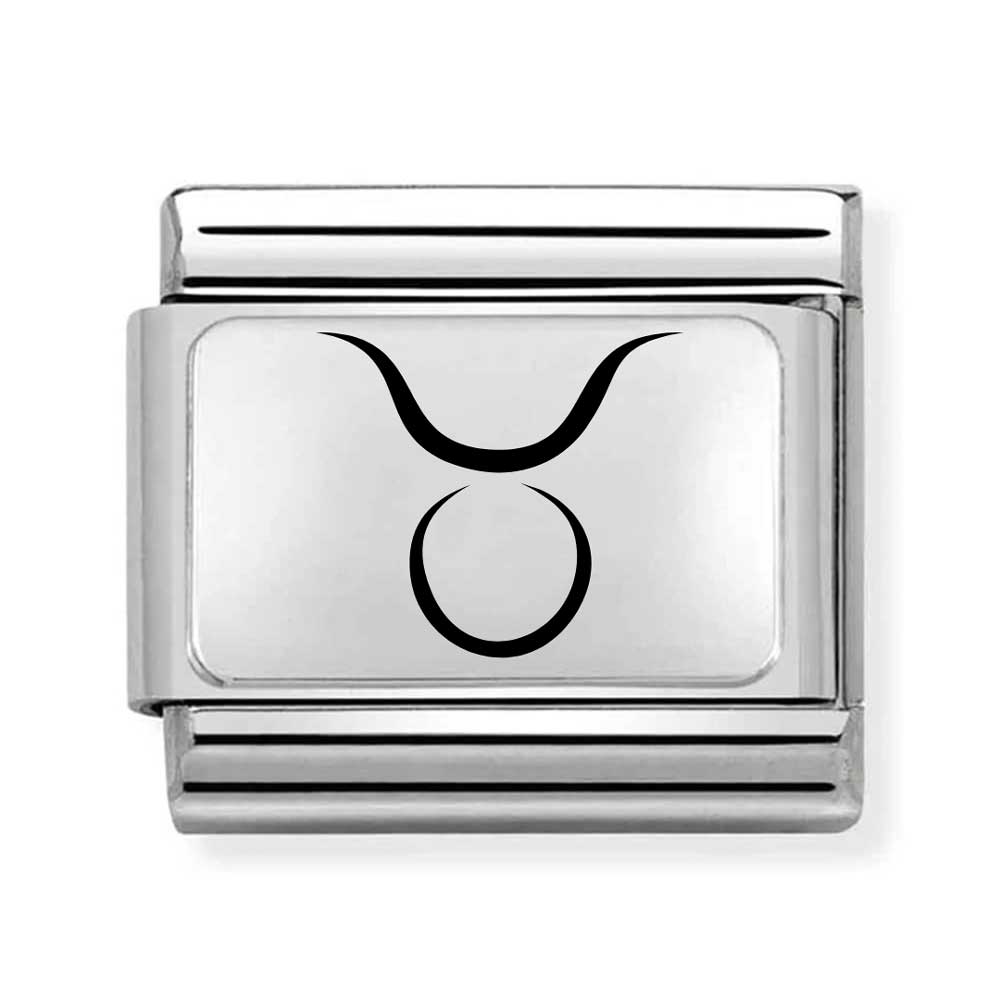 italian link charm in silver stainless steel engraved with a taurus zodiac symbol