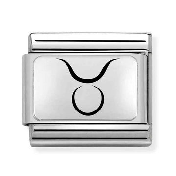 italian link charm in silver stainless steel engraved with a taurus zodiac symbol