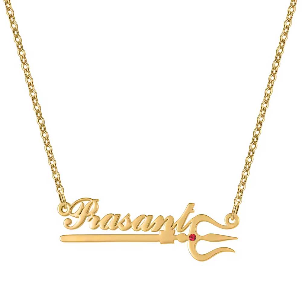 gold plated name necklace with tamil trishul trident