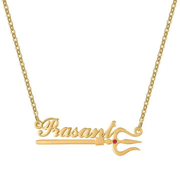 gold plated name necklace with tamil trishul trident