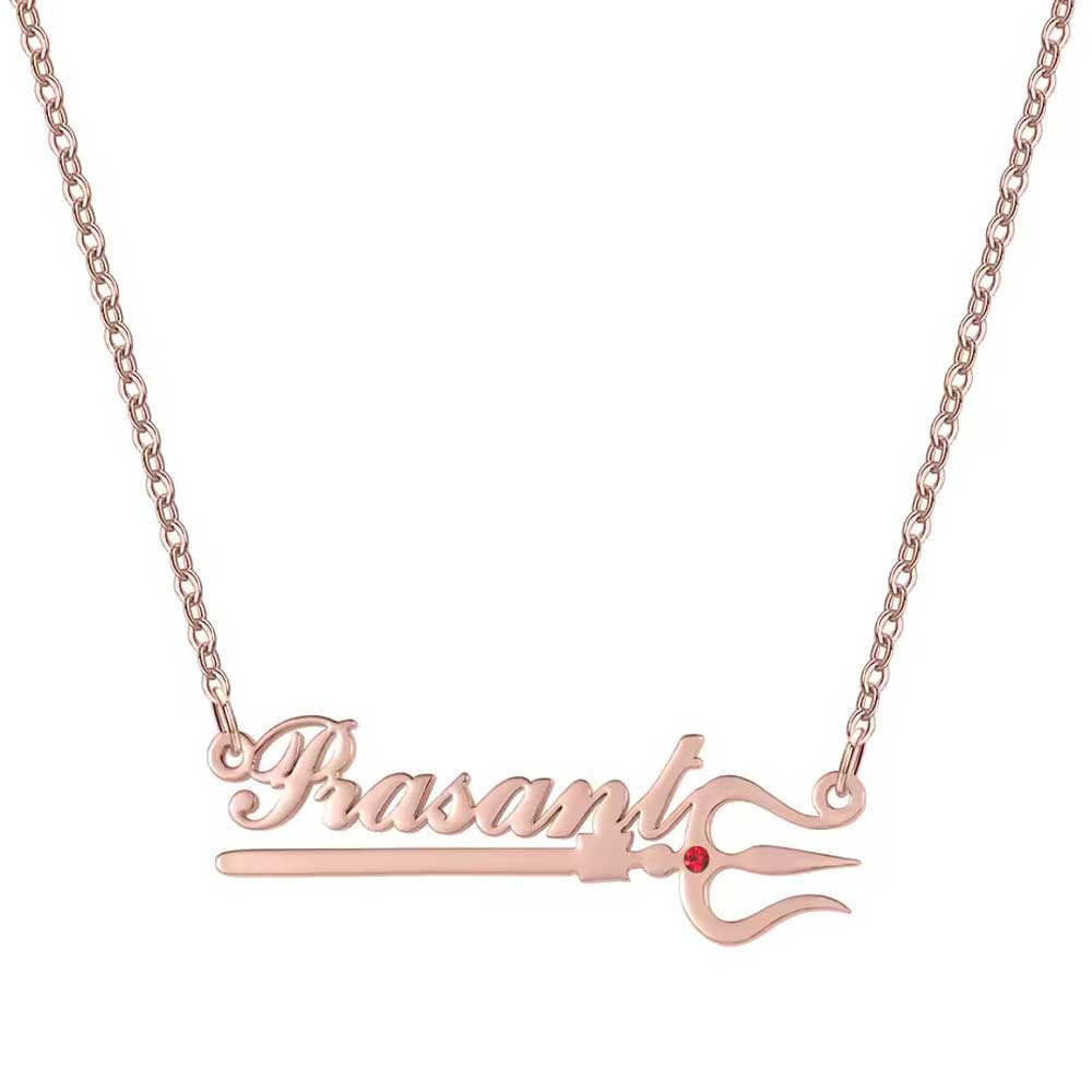 Rose gold women’s Trishul sword necklace with personalised name and birthstone