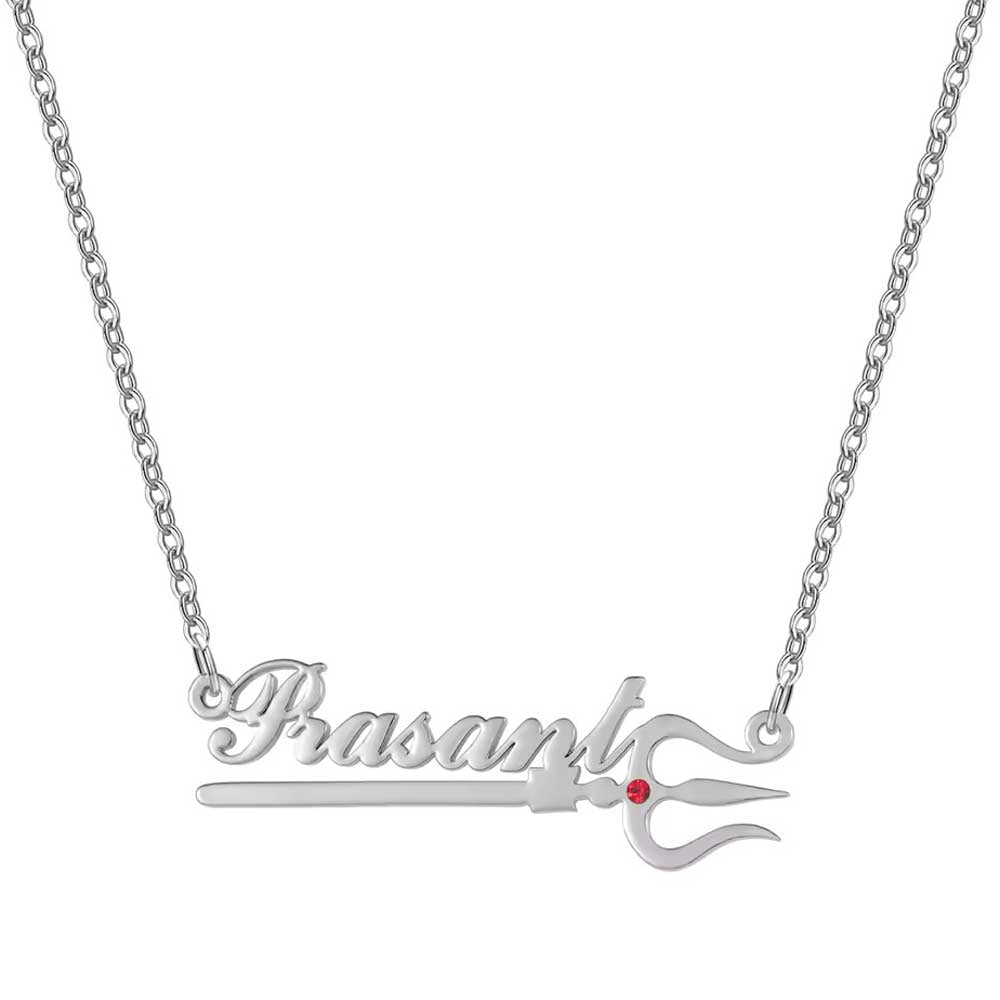 silver stainless steel trishul name necklace in english or hindi and a birthstone cubic zirconia