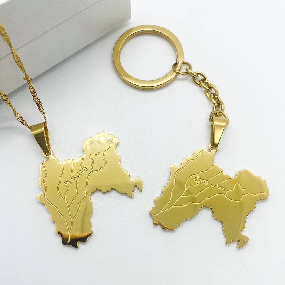 undivided punjab map necklace with the 5 rivers engraved and name in punjabi and urdu in 18k gold plated