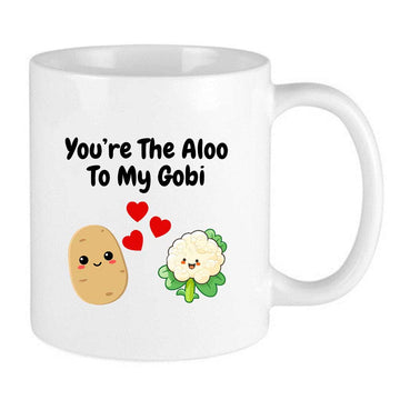 white punjabi quote mug reads you're the aloo to my gobi with potato and cauliflower cartoon