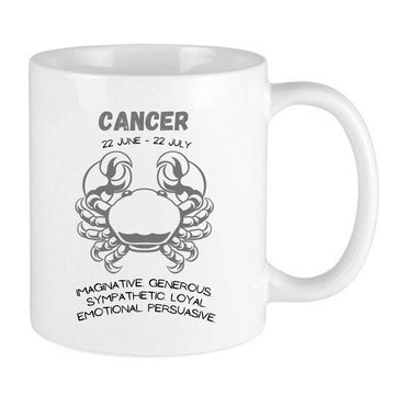 grey cancer zodiac mug with cancer traits and dates and a cancer crab