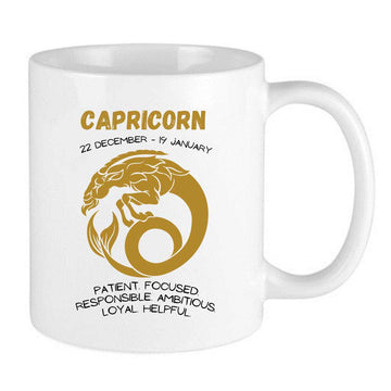 brown capricorn zodiac design mug with capricorn date and capricorn traits with sea goat