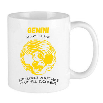 yellow gemini zodiac mug with gemini dates and gemini traits