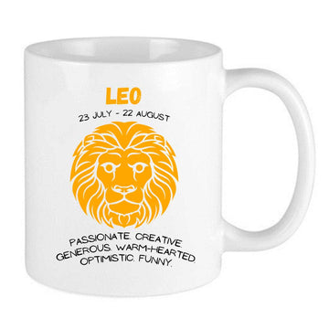 orange leo zodiac mug with leo dates and leo traits and lion