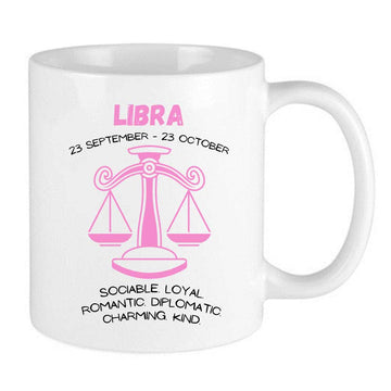 pink libra zodiac mug with libra dates and libra traits and pink scales