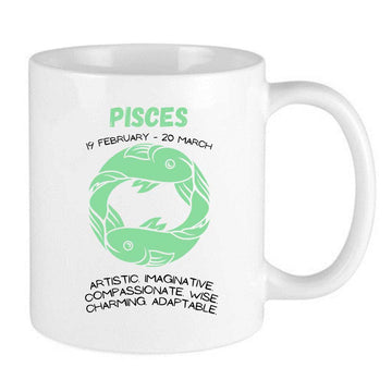 green pisces zodiac mug with pisces dates and pisces traits and two pisces fish