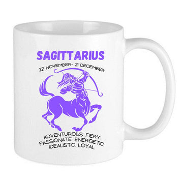 purple sagittarius zodiac mug with sagittarius dates and Sagittarius traits and a centaur