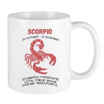 red scorpio zodiac mug with scorpio dates and scorpio traits with a scorpion