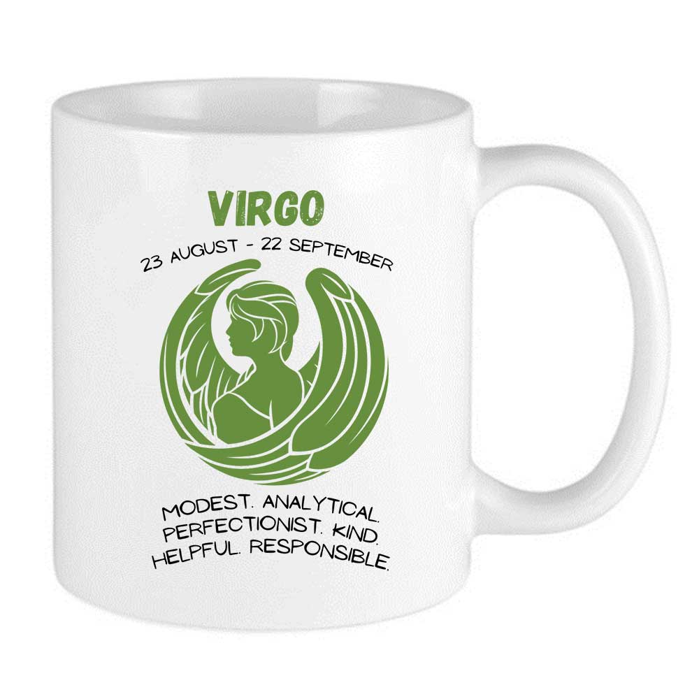 green virgo symbol zodiac mug with virgo dates and virgo traits