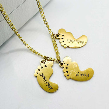 gold plated necklace for women with 3 baby feet footprint pendant with children's name engraved