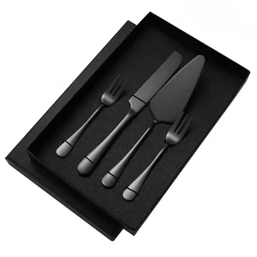 black set of wedding cutlery engraved with cake slicer, knife and forks in black