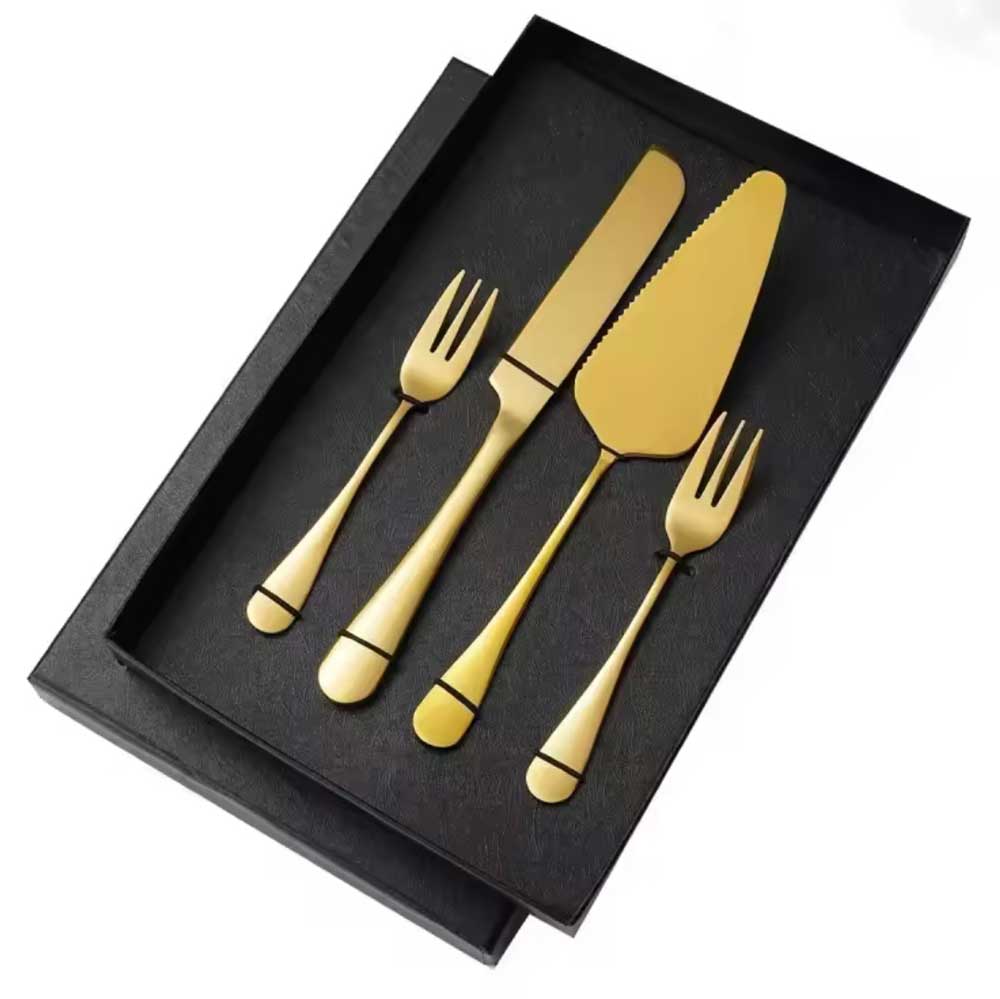 gold set of wedding cutlery engraved with cake slicer, knife and forks in gold