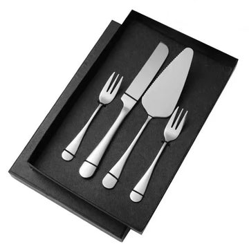 silver gift set of wedding cutlery engraved with cake slicer, knife and forks in silver